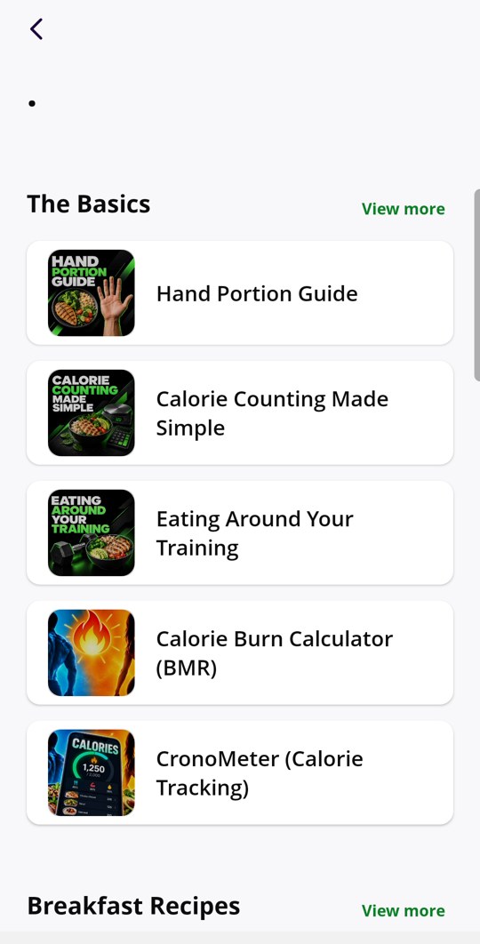 Nutrition basics in the app: hand portion guide, calorie counting and a calorie calculator