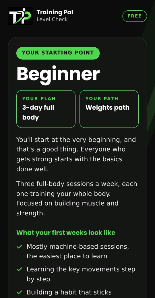 A Level Check result showing Beginner, 3-day full body plan, Weights path