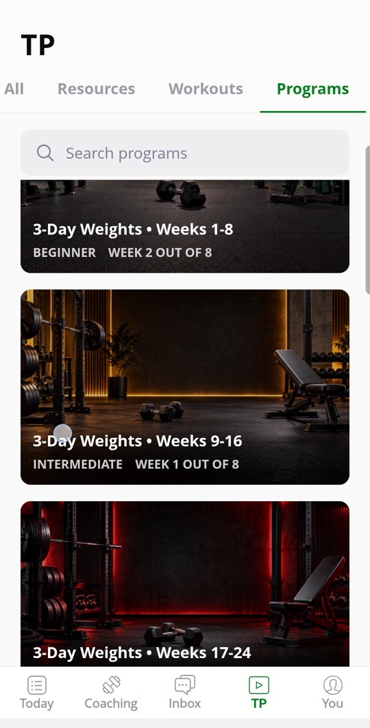 The Programs tab showing Beginner, Intermediate and Advanced 3-day weights plans